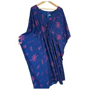 Island Beach Blue w/ Pink Rayon Kaftan Muumuu Midi Dress | Free Size | Brand New